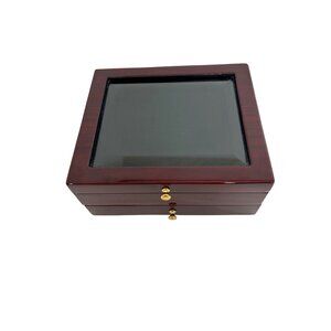 JCF Business Products Men’s Jewelry Box Burgundy Wood Glass Lift Top Drawer Felt
